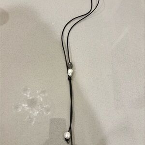 Minimal Black Leather Cord Necklace with White Baroque Pearls